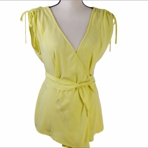 Bobeau Priya Rayon Wrap Blouse, Lemon Yellow, Size Small - Picture 1 of 8